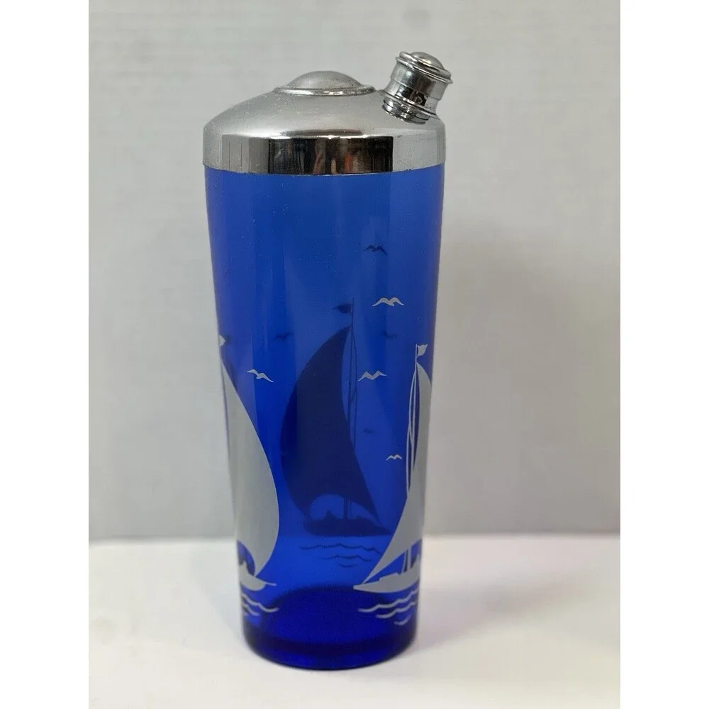 Vintage Hazel Atlas Cobalt Blue Cocktail Shaker glasses ice bucket Sailboat